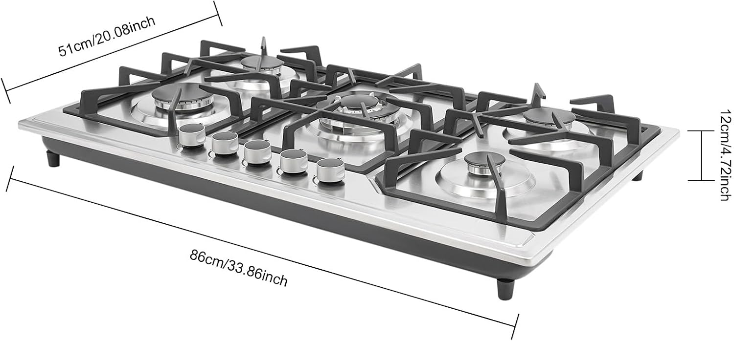 5 Burners Gas Cooktop, 34 Inch Built-in Gas Stove Top Stainless Steel LPG/NG Convertible Gas Hob with Flameout Protection for Camping, RV, Apartment
