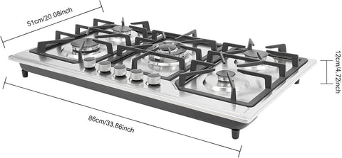 5 Burners Gas Cooktop, 34 Inch Built-in Gas Stove Top Stainless Steel LPG/NG Convertible Gas Hob with Flameout Protection for Camping, RV, Apartment
