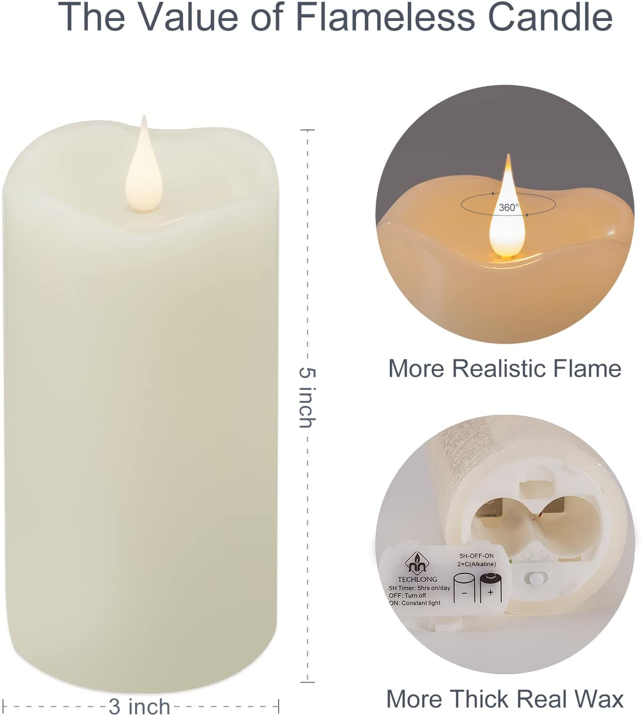 TECHLONG Flickering Flameless Candles with 3D Moving Flame, Last 1000+ Hours Battery Operated Candles with Timer, Ivory Real Wax Pillar Electric LED Candle for Wedding Christmas Party/3" x 5"