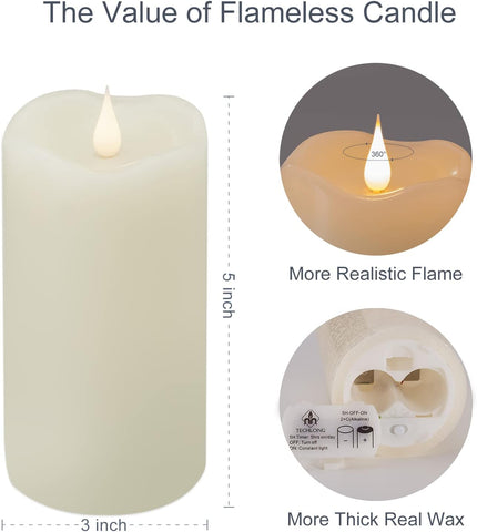 TECHLONG Flickering Flameless Candles with 3D Moving Flame, Last 1000+ Hours Battery Operated Candles with Timer, Ivory Real Wax Pillar Electric LED Candle for Wedding Christmas Party/3" x 5"