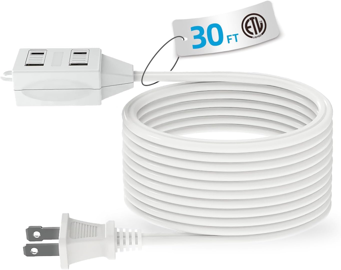 TiFFCOFiO Indoor Extension Cord, 2 Prong 12 Feet Extension Cord, 3 Polarized Outlets with Safety Slide Windows,13A/1625W, 16 AWG, 1 Pack (30FT, 1PACK)