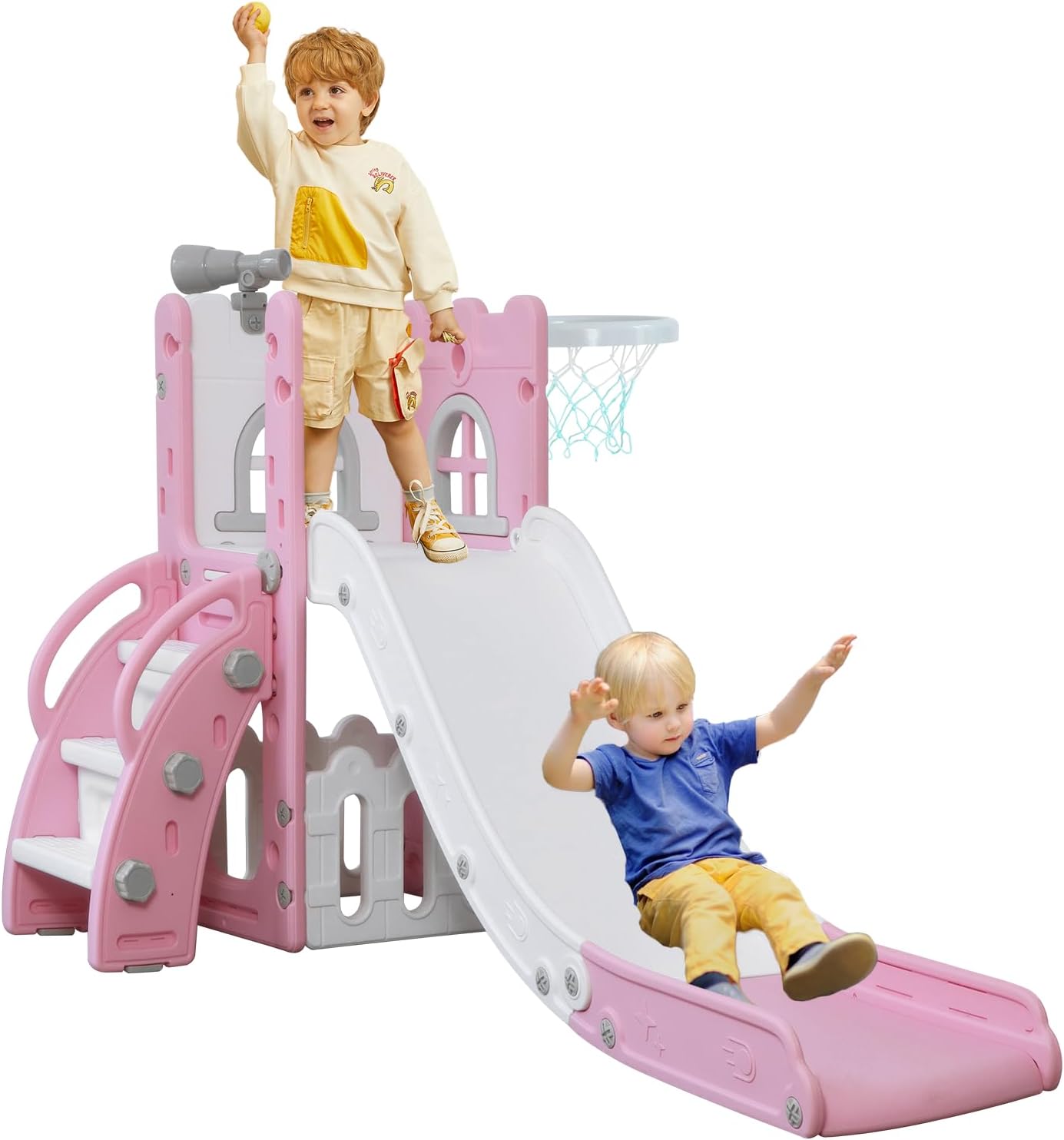 LulliSpace 6 in 1 Toddler Slide,Kids Climber Slider for Indoor Outdoor Playground with Basketball Hoop,Storage and Telescope,L Shaped Slide for Toddler Climber Playset