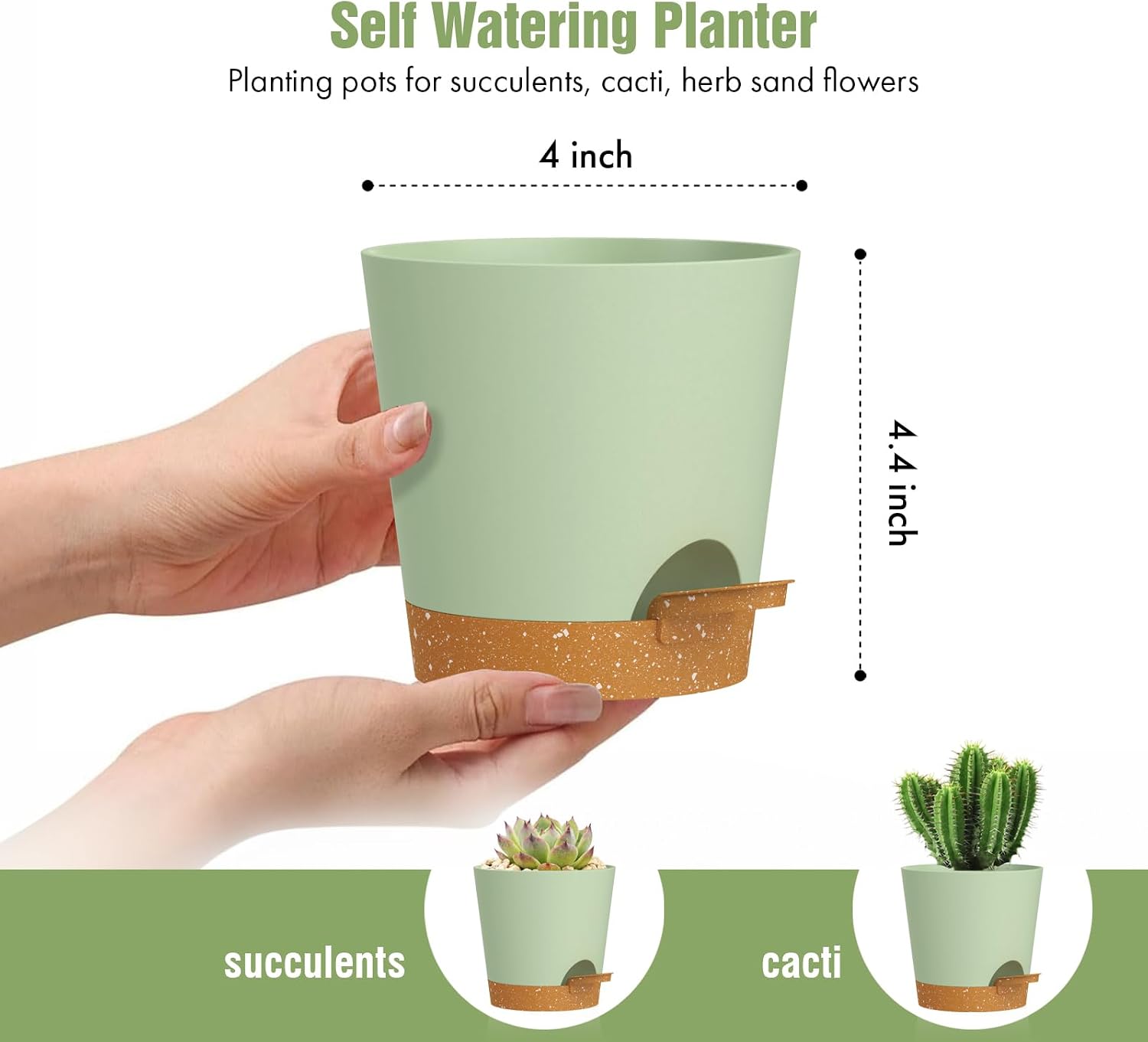 WSMKSZ 4 inch Self Watering Pots for Indoor Outdoor Plants, 6 Pack Plastic Flower Planters with Drainage Holes and Removable Saucers, Plant Pots with Wicking Rope, Modern Decor, Green Brown