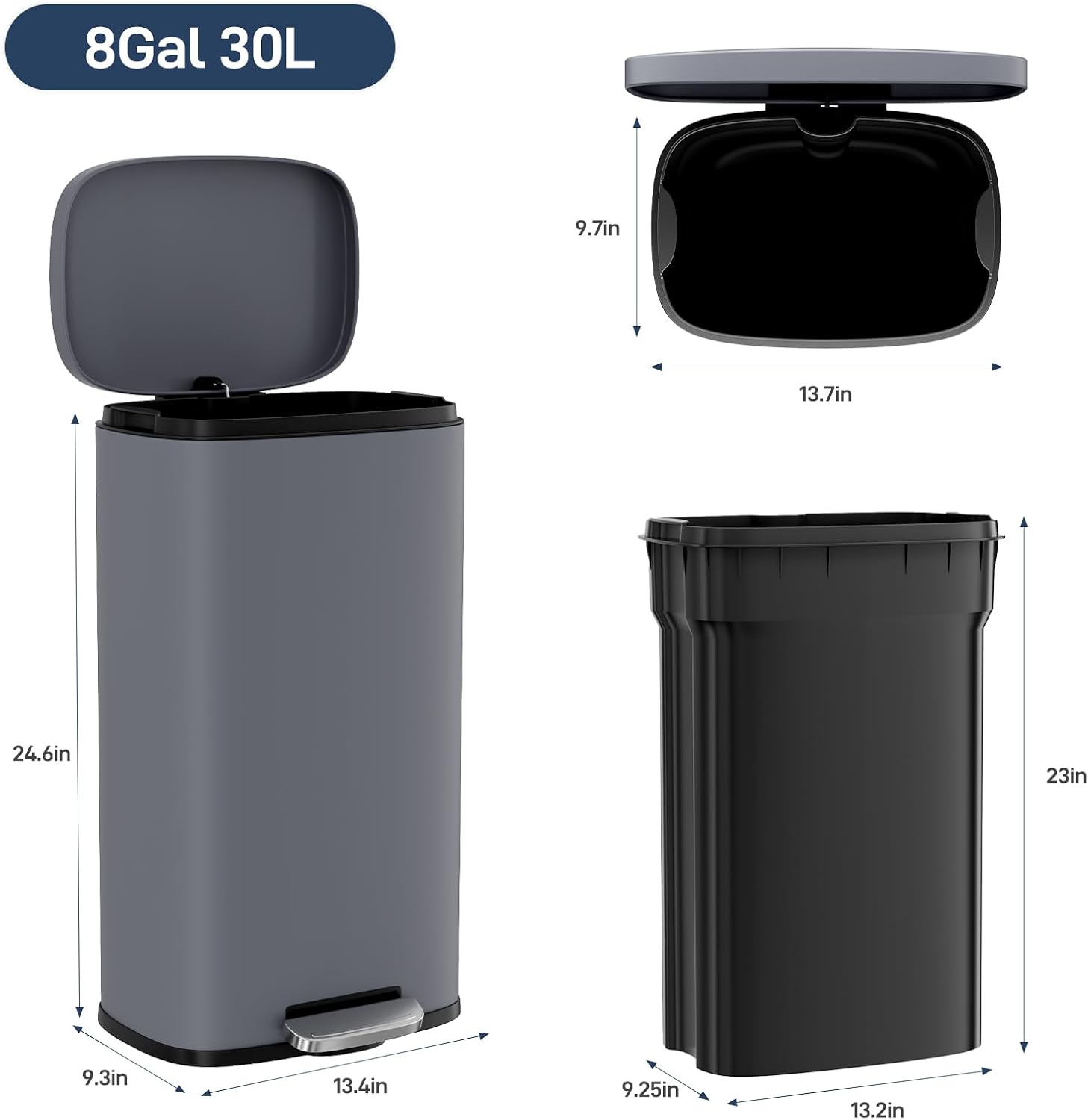Arlopu 8 Gallon Step Kitchen Trash Can, Stainless Steel Garbage Bin, Grey