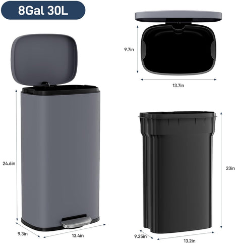 Arlopu 8 Gallon Step Kitchen Trash Can, Stainless Steel Garbage Bin, Grey