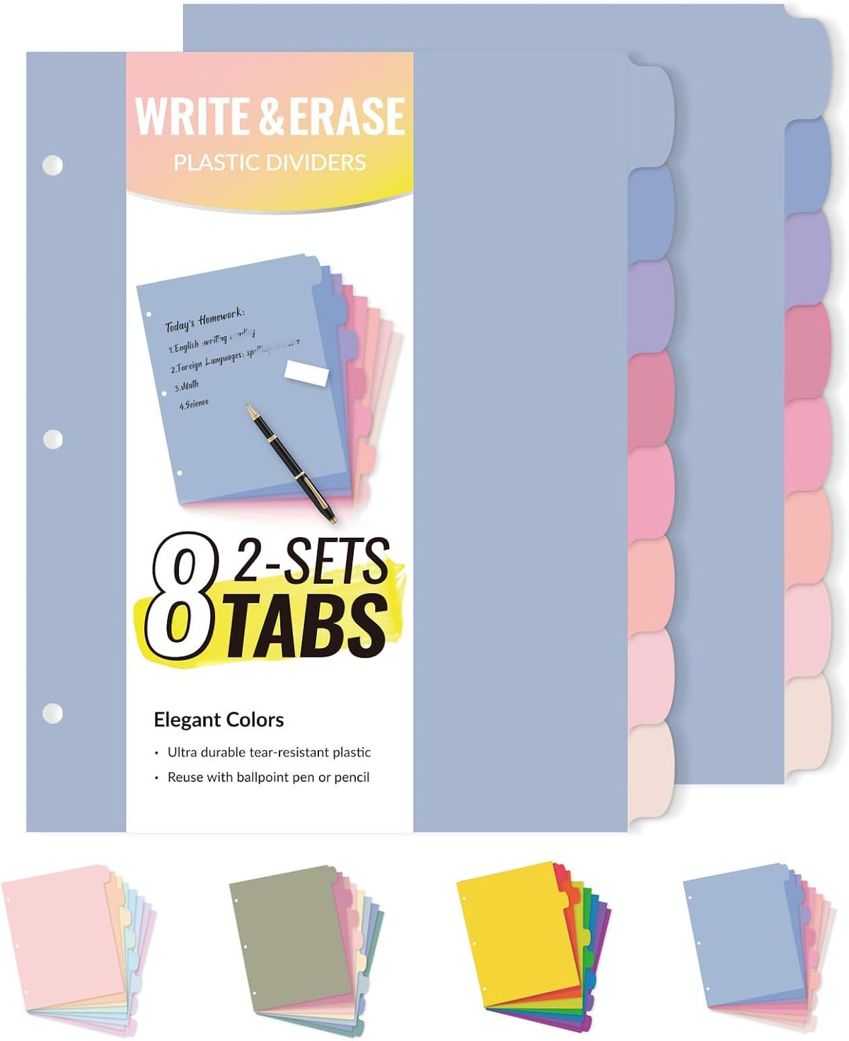 Sooez 8 Tabs Plastic Write & Erase Binder Dividers with Tabs, 2 Sets