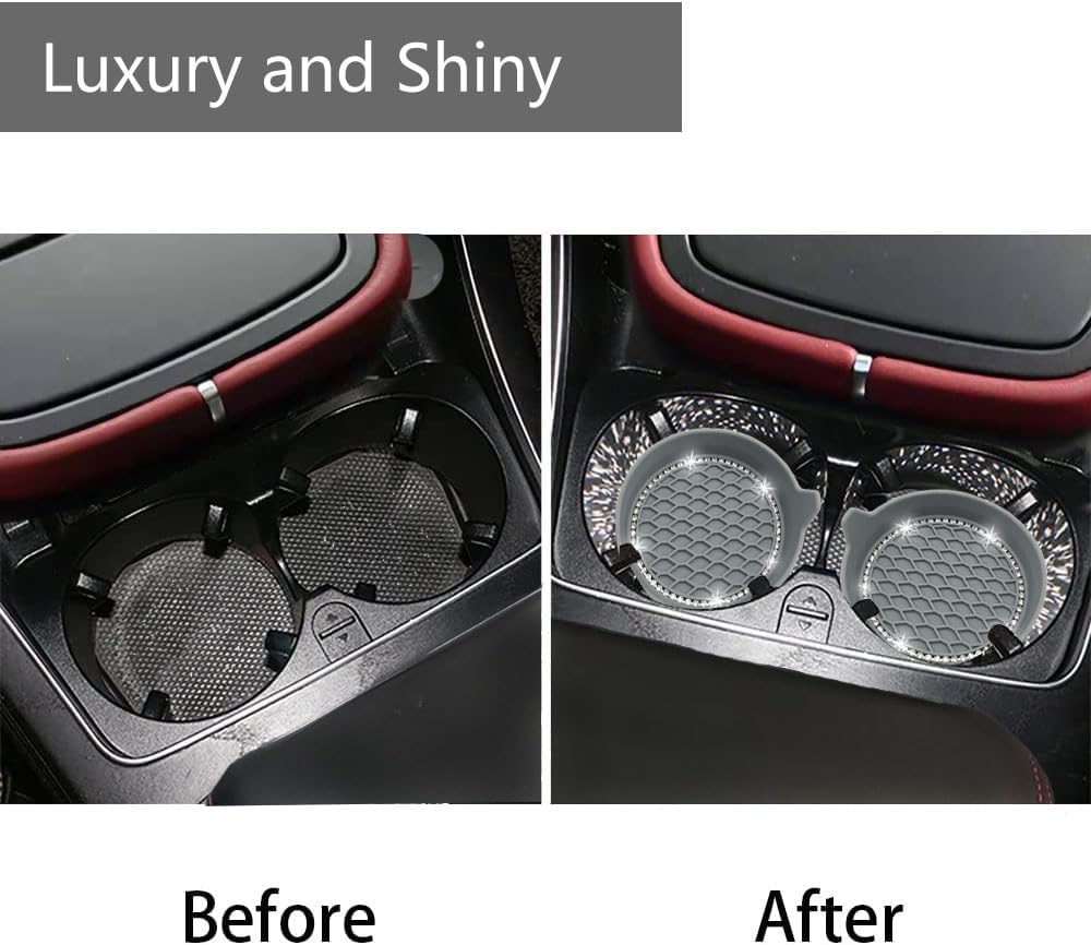 NBTEPEM 4pcs Bling Car Cup Holder Coaster, 2.75 inch Anti-Slip Shockproof Universal Fashion Coasters Insert Crystal Rhinestone Automotive Interior Accessories for Women (4 pcs, New Gray)