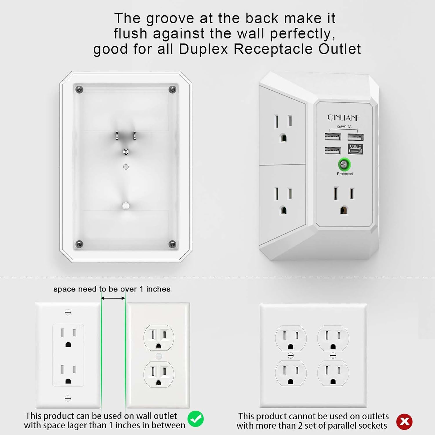 Wall Charger, Surge Protector, QINLIANF 5 Outlet Extender with 4 USB Ports