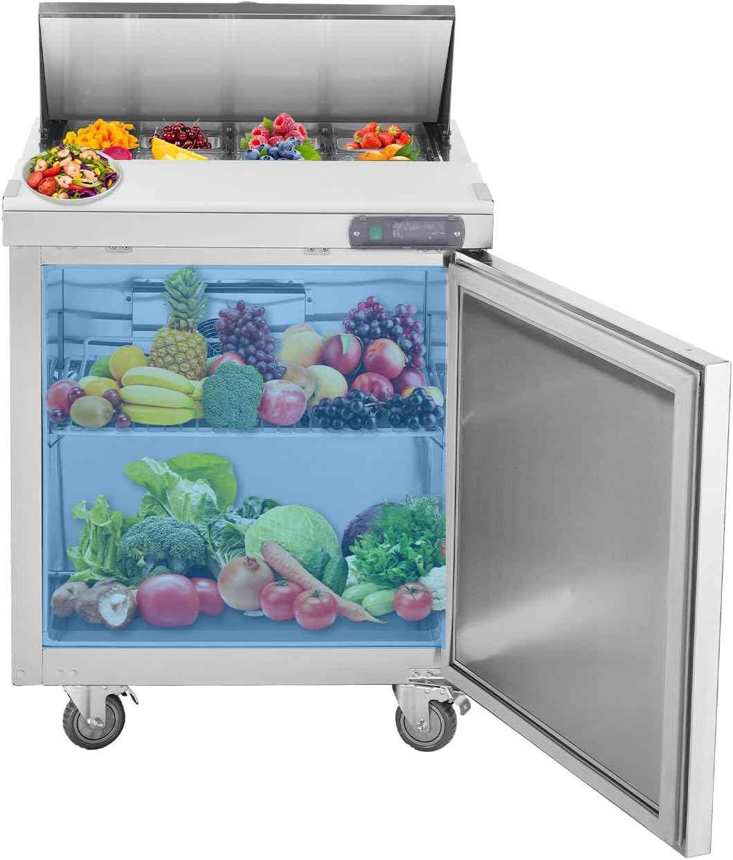 JINSONG 28-Inch Commercial Refrigerated Sandwich & Salad Prep Table, 7.4 Cu. Ft. Stainless Steel Food Prep Refrigerator with Cutting Board and 12 Pans for Restaurants, Bars and Cafes