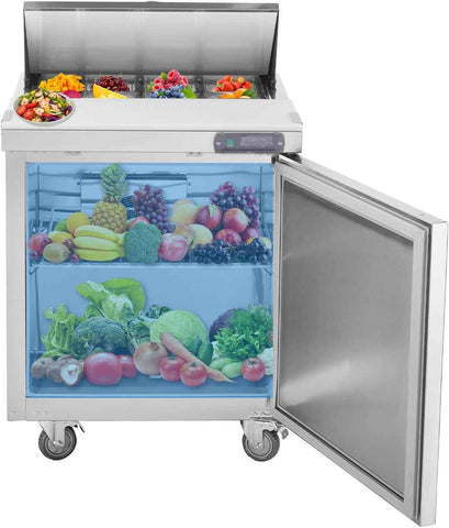 JINSONG 28-Inch Commercial Refrigerated Sandwich & Salad Prep Table, 7.4 Cu. Ft. Stainless Steel Food Prep Refrigerator with Cutting Board and 12 Pans for Restaurants, Bars and Cafes