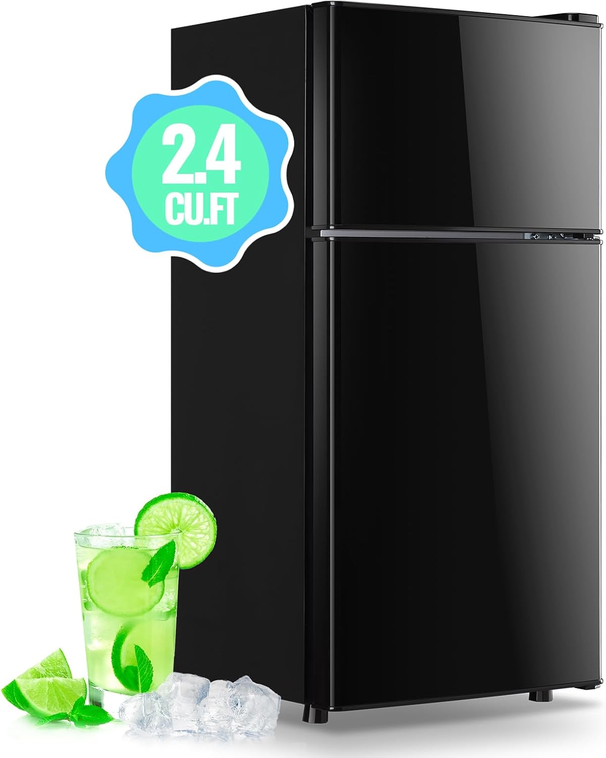 DEMULLER 45L Personal Double‑Door Mini Fridge With Freezer, Black