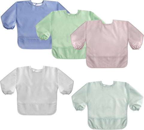 POIKSHARK Long Sleeve Bib, Waterproof Sleeved Smock for Baby Boy or Girl, Reusable Bib with Pocket