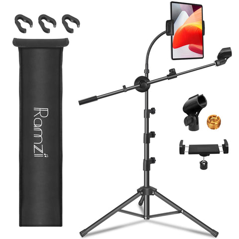 Ramzi Mic Stand,6 In 1 Microphone Stand Floor Boom Mic Stand, Support Boom Gooseneck Mic Clips Tablet Phone Holder Any Combination With Mic Stand Bag