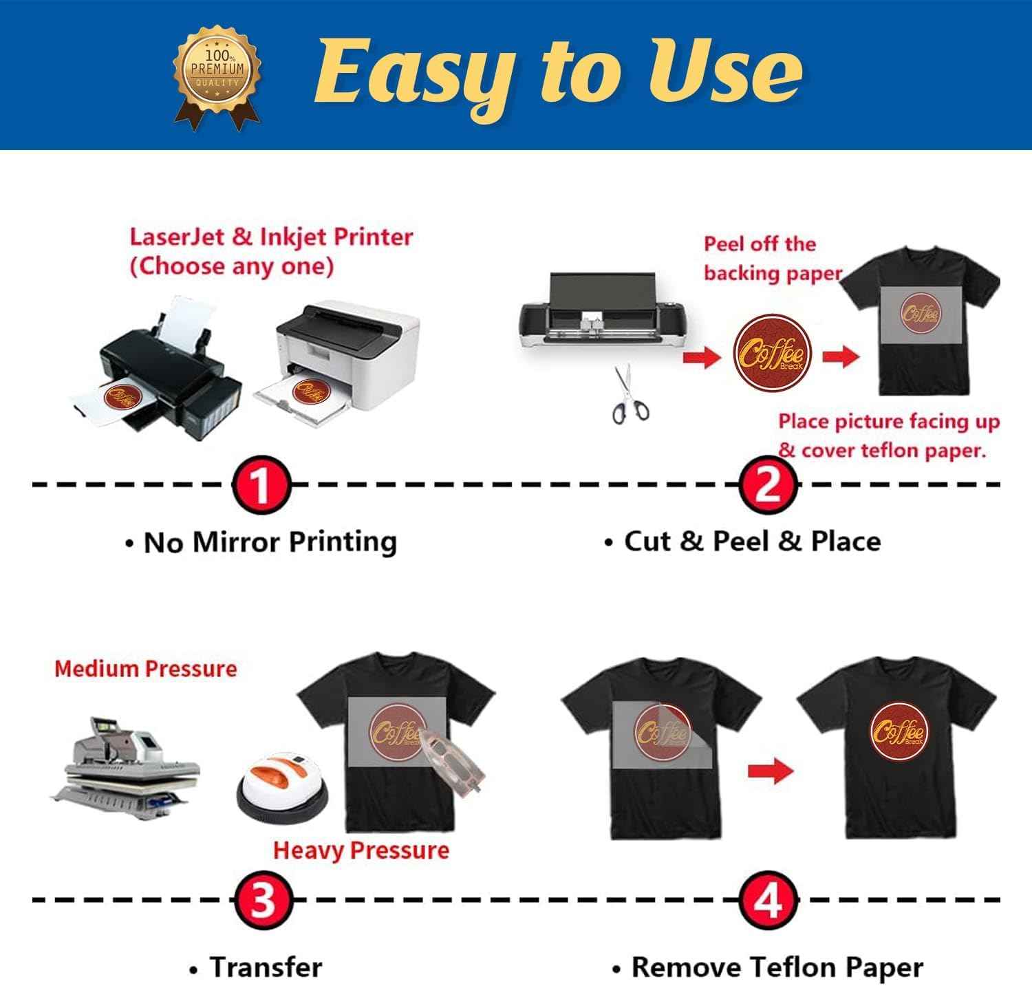 TransOurDream Tru-Heat Transfer Paper for Inkjet & LaserJet Printer (500 Sheets, 8.5x11", Dark 3.0) Printable HTV Heat Transfer Vinyl for T Shirts Iron on Transfers for Dark Fabrics