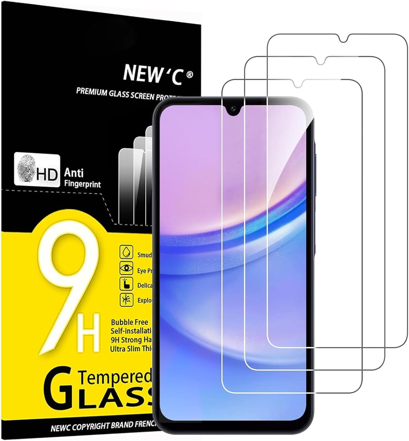 NEW'C 3 Pack Designed for Samsung Galaxy A15 5G/4G Screen Protector Tempered Glass,Case Friendly Scratch-proof, Bubble Free, Ultra Resistant