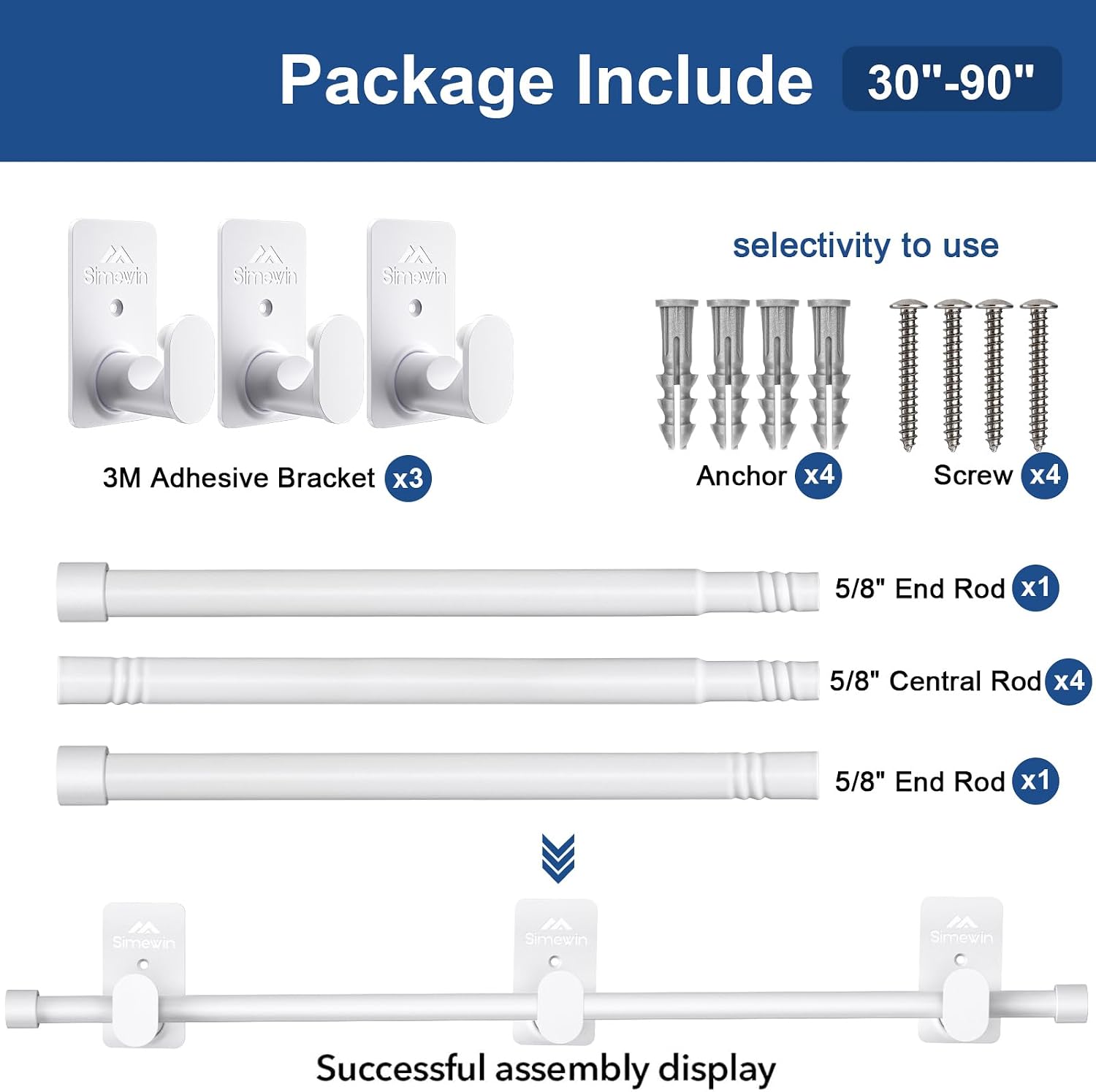 SIMEWIN Curtain Rods No Drilling for Windows 30 to 90 Inches, 5/8 Inch Diameter No Drill Small Curtain Rod Set with 3M Adhesive Brackets, White