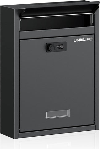 Uniclife Wall Mount Mailbox for Outside, Large Locking Mailbox, Black