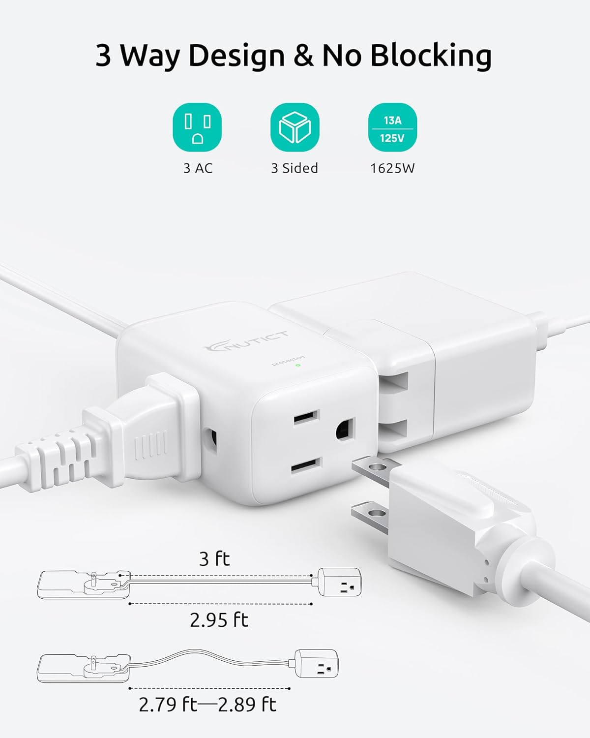 3FT Short Extension Cord Two Prong, 2 Prong to 3 Prong Outlet Adapter