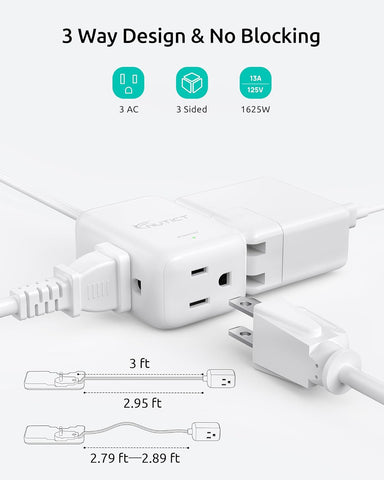 3FT Short Extension Cord Two Prong, 2 Prong to 3 Prong Outlet Adapter