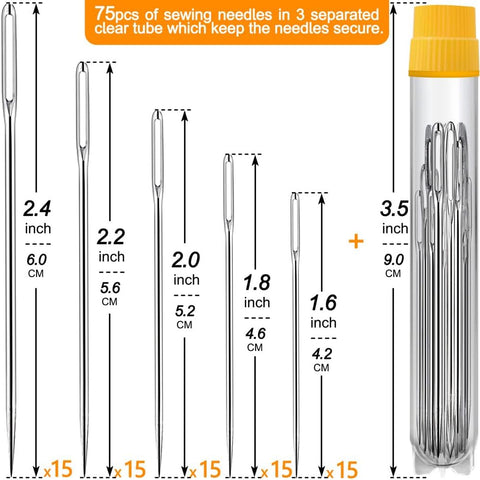 75 Pack Premium Large Eye Needles for Hand Sewing with 4 Needle Threaders, Assorted Sizes, Embroidery Needles for Hand Sewing, Sewing Needles Large Eye, Big Eye Needle