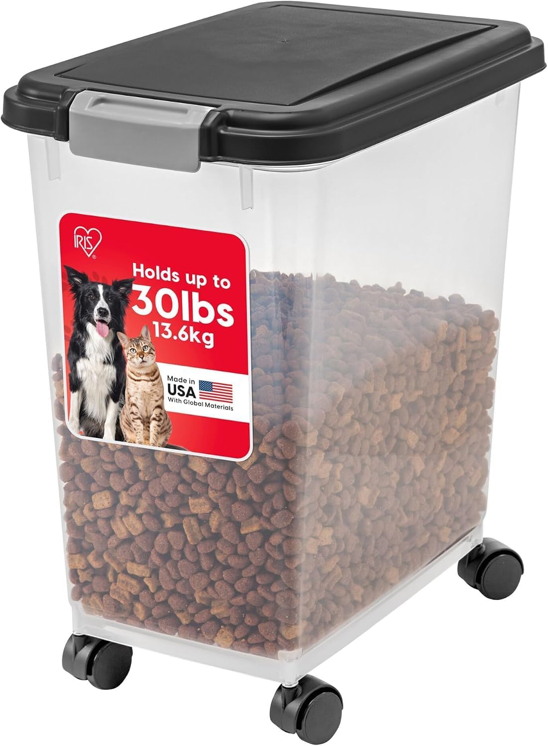 IRIS USA Airtight Pet Food Storage Rolling Container, 30 lb Capacity, Black