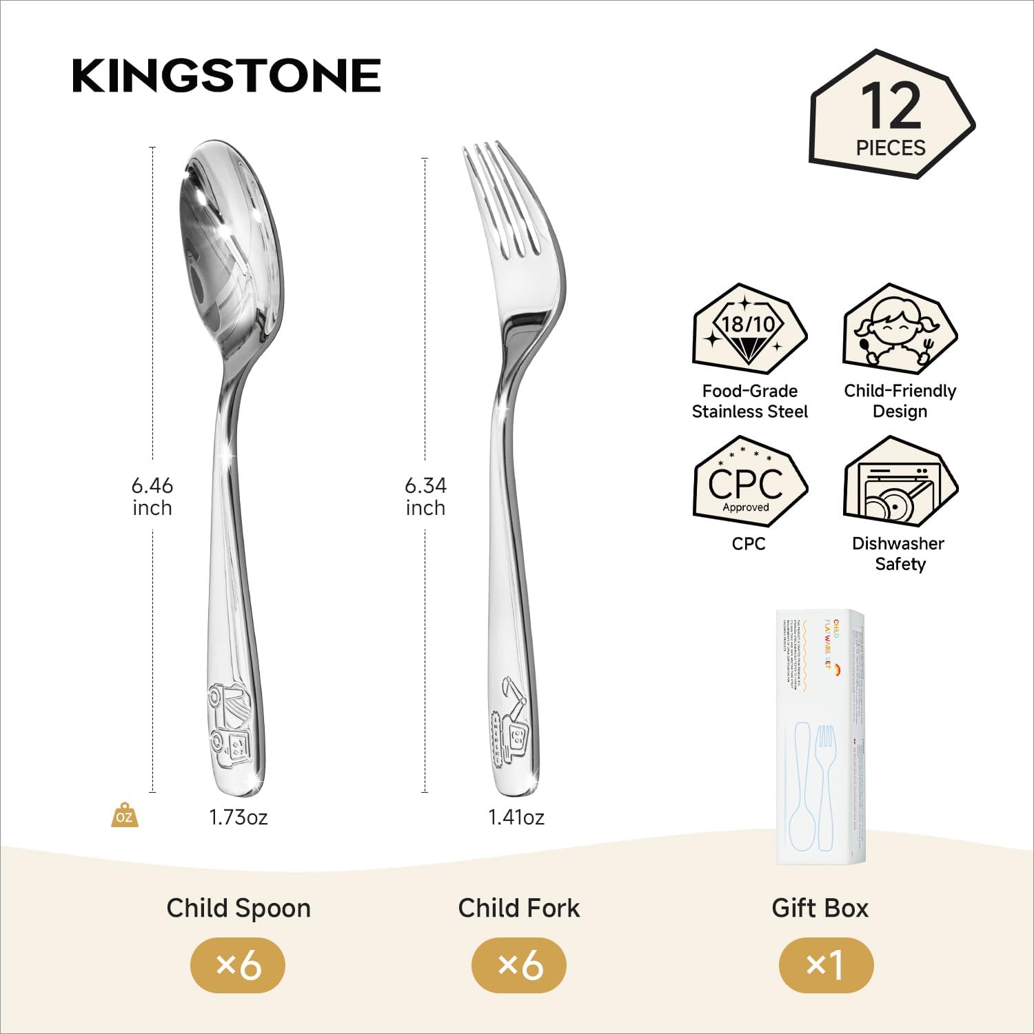 KINGSTONE 12 Pieces Kids Silverware Set, 18/10 Stainless Steel, Dump Truck