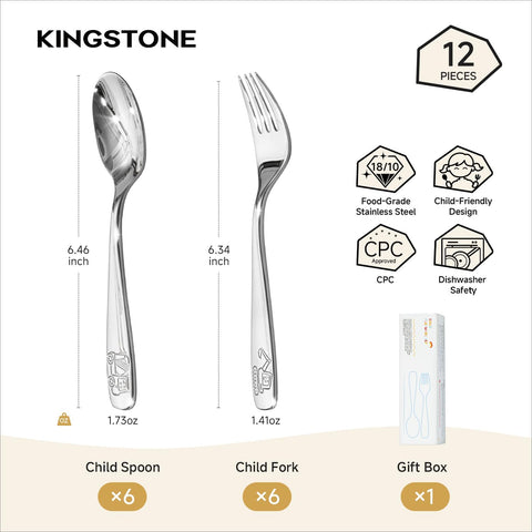 KINGSTONE 12 Pieces Kids Silverware Set, 18/10 Stainless Steel, Dump Truck