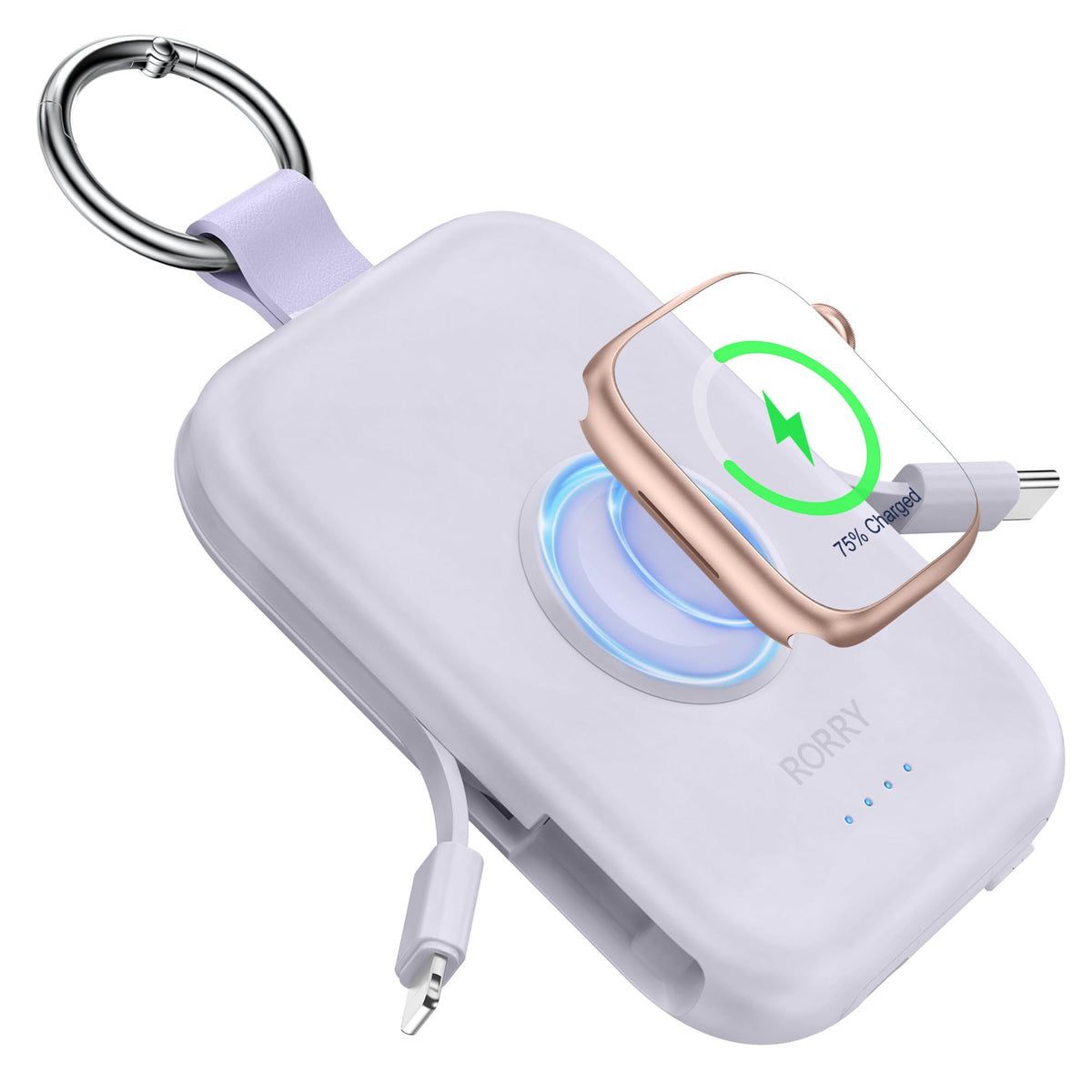 RORRY Portable Charger, 5000mAh Portable Charger Power Bank with Built-in Cables, Travel Keychain Battery Pack for Apple Watch Ultra 2/9/8/Ultra/7/6/SE/5, iPhone 16/15/14/13/12, Purple