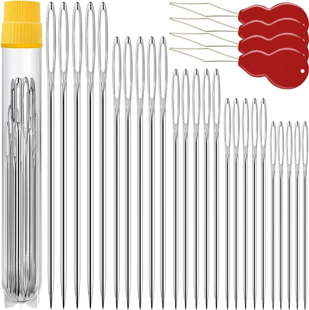 Premium Large Eye, Large Gauge Needles for Hand Sewing - Assorted Sizes, Including Embroidery - 50 PCs with 4 Threaders