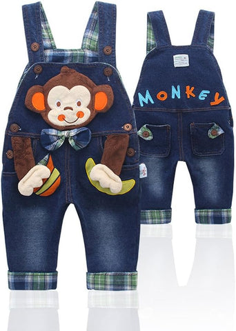 KIDSCOOL Baby Girls Boys Denim Overalls 3D Monkey Plaid Toddler Rompers
