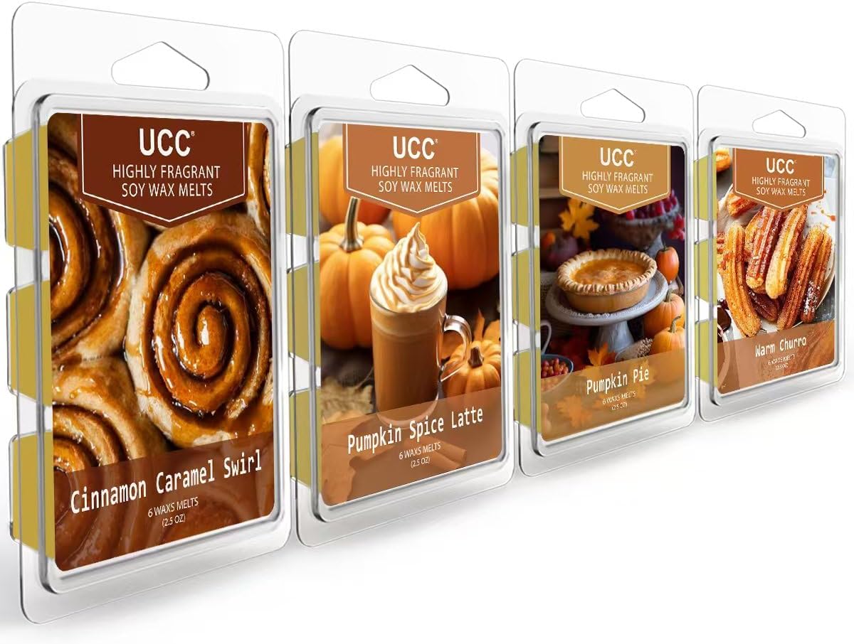 UCC Wax Melts, Soy Wax Cubes Strong Scent Long Lasting Premium Scented Mix Melts Tarts-Rosemary Mint, Rose & Sandalwood, Gold Amber Leaves, Clean Cotton - 4 Pack