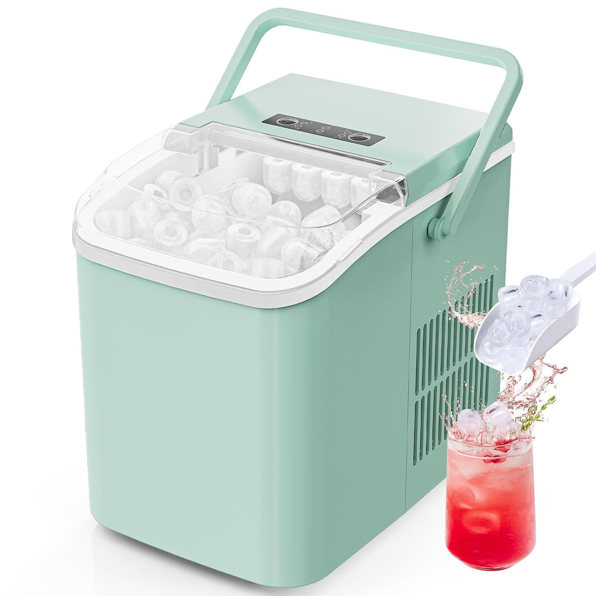 Sweetcrispy Countertop Ice Maker with Scoop, Basket and Handle, Portable Ice Machine 9 Cubes Ready in 6 Mins, 26.5lbs in 24Hrs, 2 Sizes for Home Kitchen Office Bar Party, Green