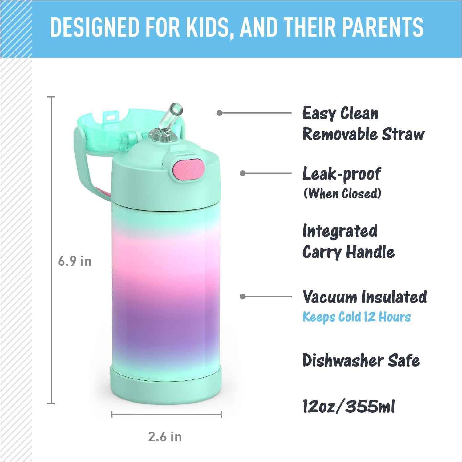 THERMOS FUNTAINER Water Bottle with Straw, 12oz, Mint Ombre