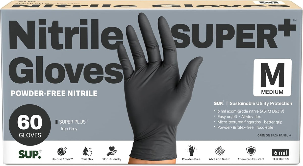 SUPER+ Black Nitrile Gloves HEAVY DUTY 6 Mil Disposable Chemical Resistant Powder & Latex Free Medical Food Safe, 60/600 Ct