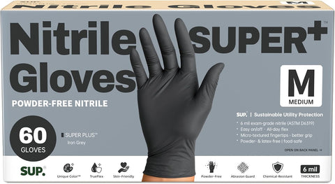 SUPER+ Black Nitrile Gloves HEAVY DUTY 6 Mil Disposable Chemical Resistant Powder & Latex Free Medical Food Safe, 60/600 Ct