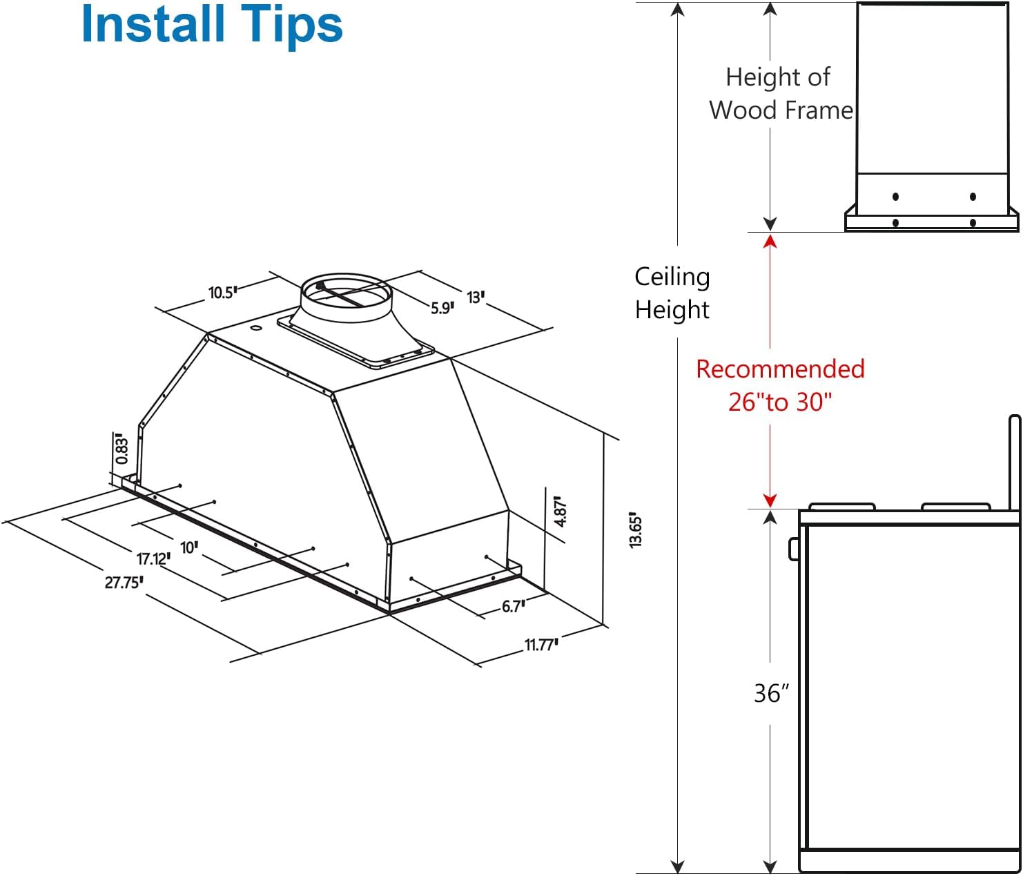 30 Inch Range Hood Insert, 900 CFM Convertible Vent Hood with 4-Speed Fan