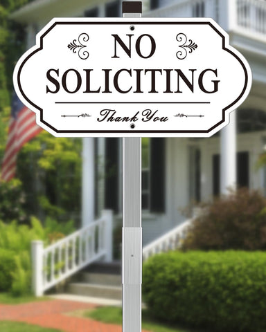 Heavy Duty No Soliciting Sign for House - All Metal Construction No Soliciting Yard Sign - 14" x 7" - Aluminum - with 28" Long Stake (BLACK and WHITE)