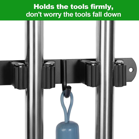 voze [2 Pack] 5 Racks and 4 Hooks Mop and Broom Holder Wall Mount, Self Adhesive Heavy Duty Broom Organizer Storage Tool Racks for Kitchen Garden Laundry Garage Black