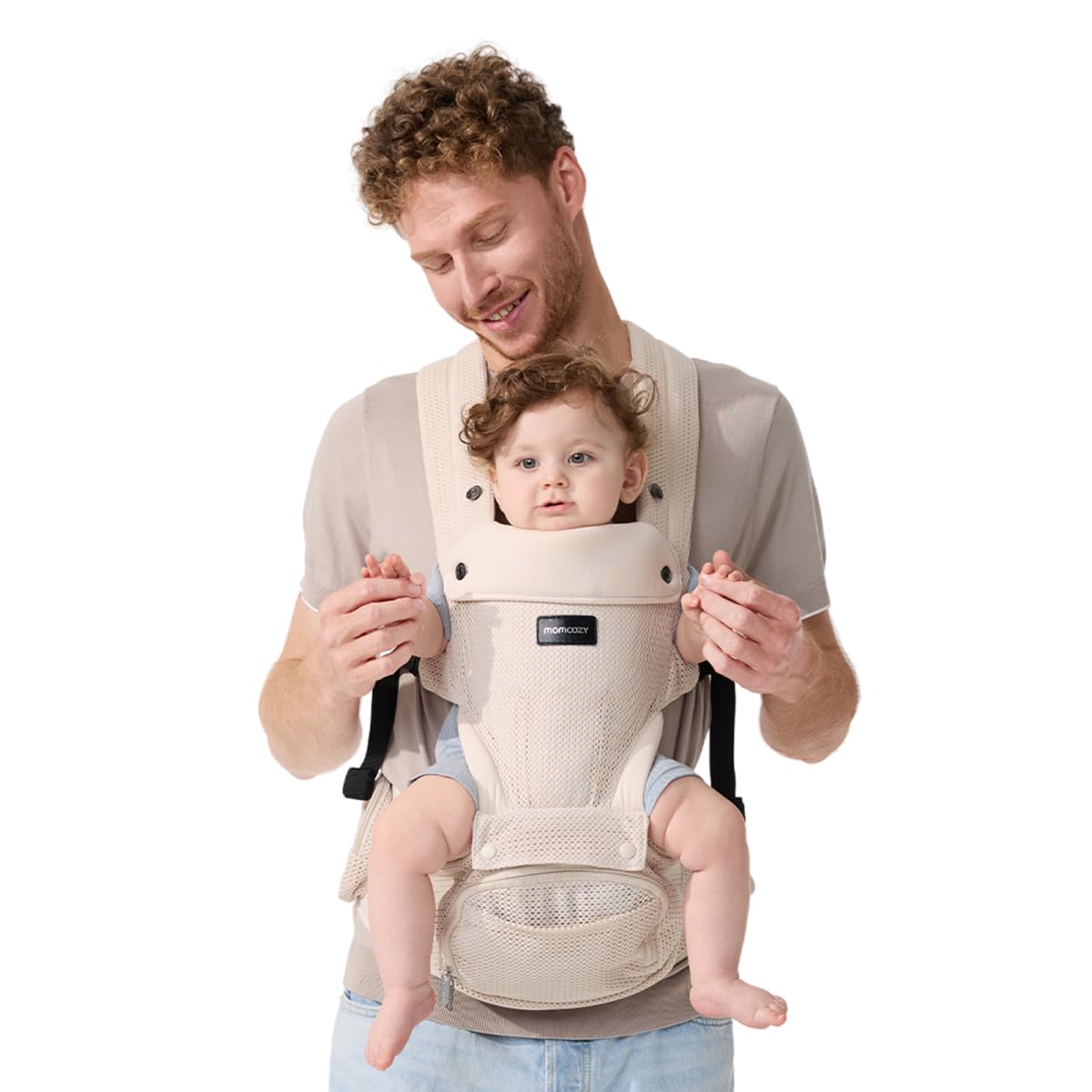 Momcozy Baby Carrier with Hip Seat, 2-in-1 Forward-Facing Carry for Active Babies, Detachable Hands-Free Carrier up to 44lbs, Breathable Infant Carrier Fits Waist Sizes up to 45 Inches, AirMesh Almond