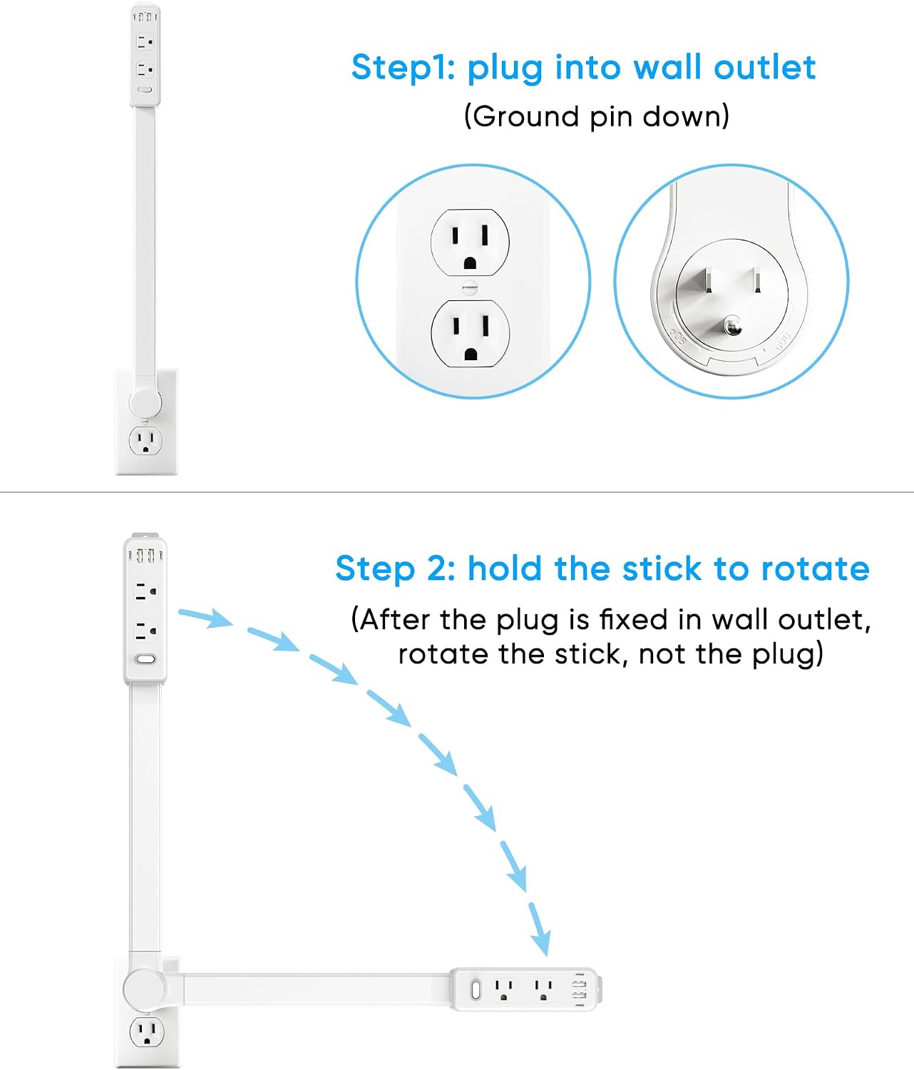 Olcorife Outlet Extender Stick, Power Strip with 6 Outlets & 4 USB Ports, Extends 22"-34", Rotates 180°(90° per Side), Home Dorm Essential for Nightstand, Couch and Desk
