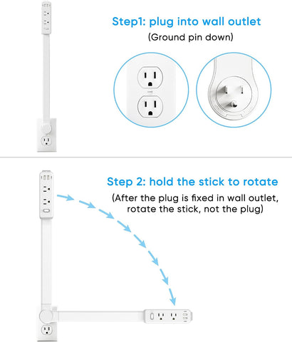 Olcorife Outlet Extender Stick, Power Strip with 6 Outlets & 4 USB Ports, Extends 22"-34", Rotates 180°(90° per Side), Home Dorm Essential for Nightstand, Couch and Desk