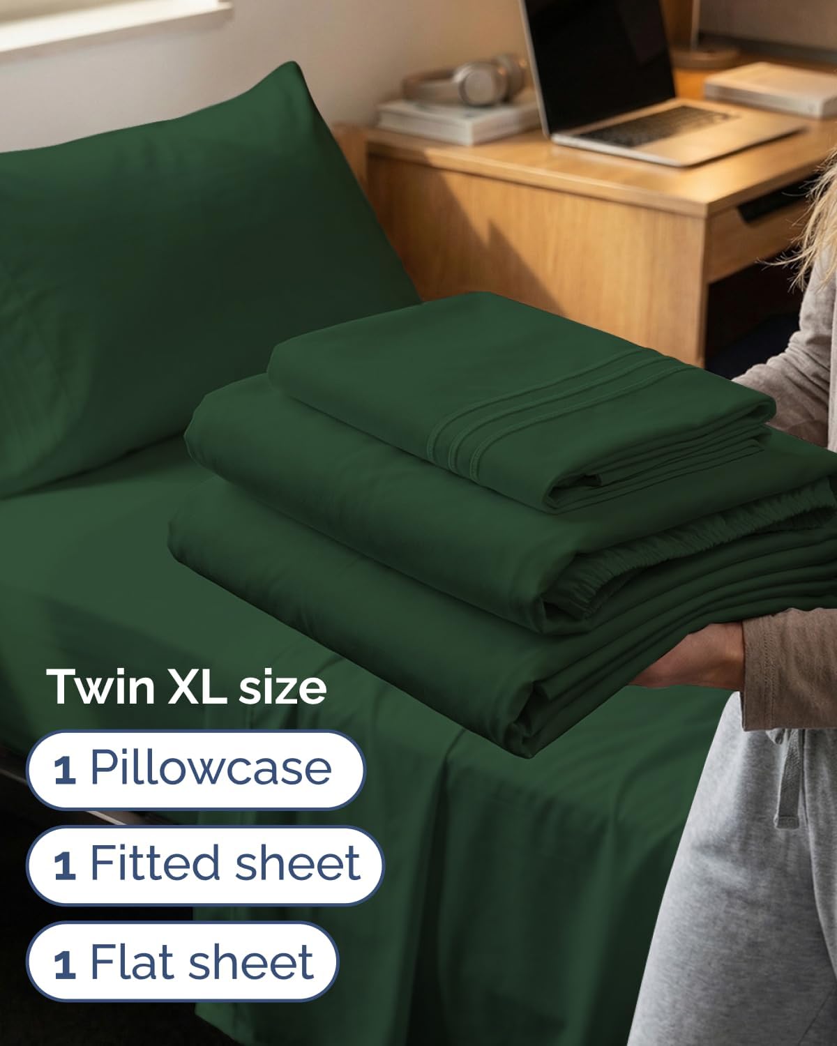 Twin XL 3 Piece Sheet Set - College Dorm Room Essentials - Emerald Green