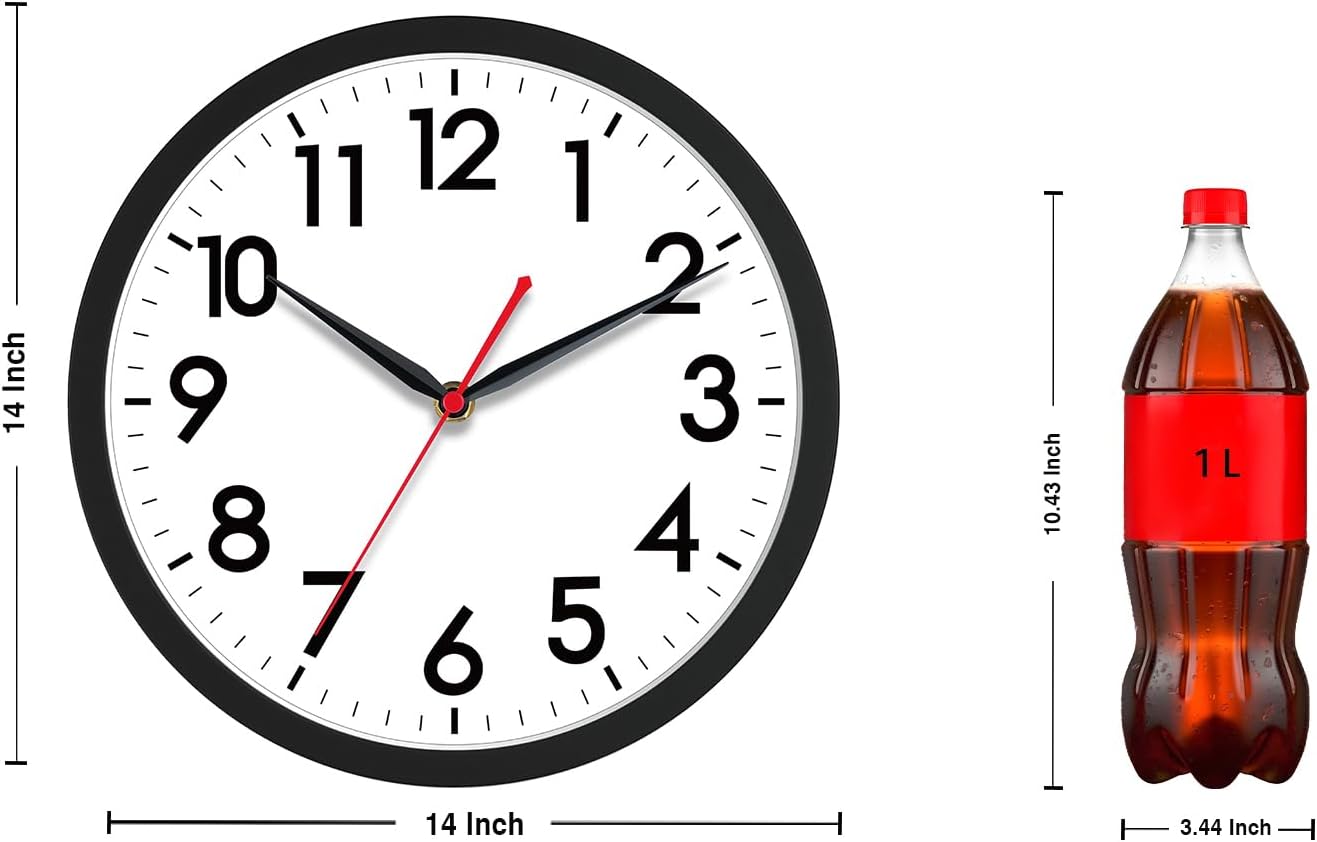 AKCISOT 14 Inch Wall Clock, Silent Battery Operated Analog Clock, Black