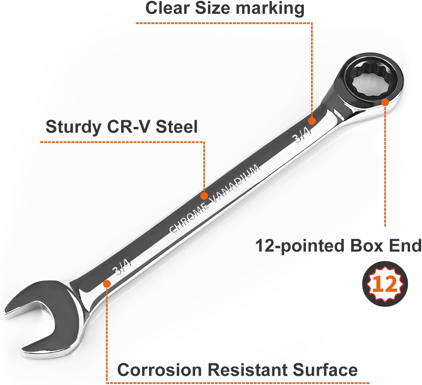 Egofine 3/4 ratchet wrench and 7/16 wrench, SAE Ratcheting Wrench Set, Industrial Grade Gear Spanner with 12-Point Design, 72-Tooth Ratchet, Chrome Vanadium Steel