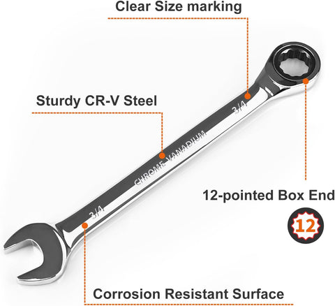 Egofine 3/4 ratchet wrench and 7/16 wrench, SAE Ratcheting Wrench Set, Industrial Grade Gear Spanner with 12-Point Design, 72-Tooth Ratchet, Chrome Vanadium Steel