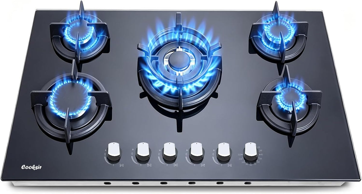 36 Inch Gas Cooktop - 5 Burner Built-in Glass Propane Stove, Indoor Gas Cooktop NG/LPG Convertible with Thermocouple Protection, Suitable for Kitchen, Apartment, RV, 110-120V Plug in