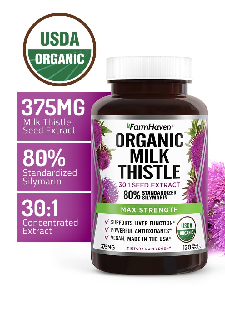 FarmHaven USDA Organic Milk Thistle Capsules |30X Concentrated Seed Extract & 80% Silymarin Standardized - Supports Liver Function and Overall Health | Non-GMO | 120 Veggie Capsules