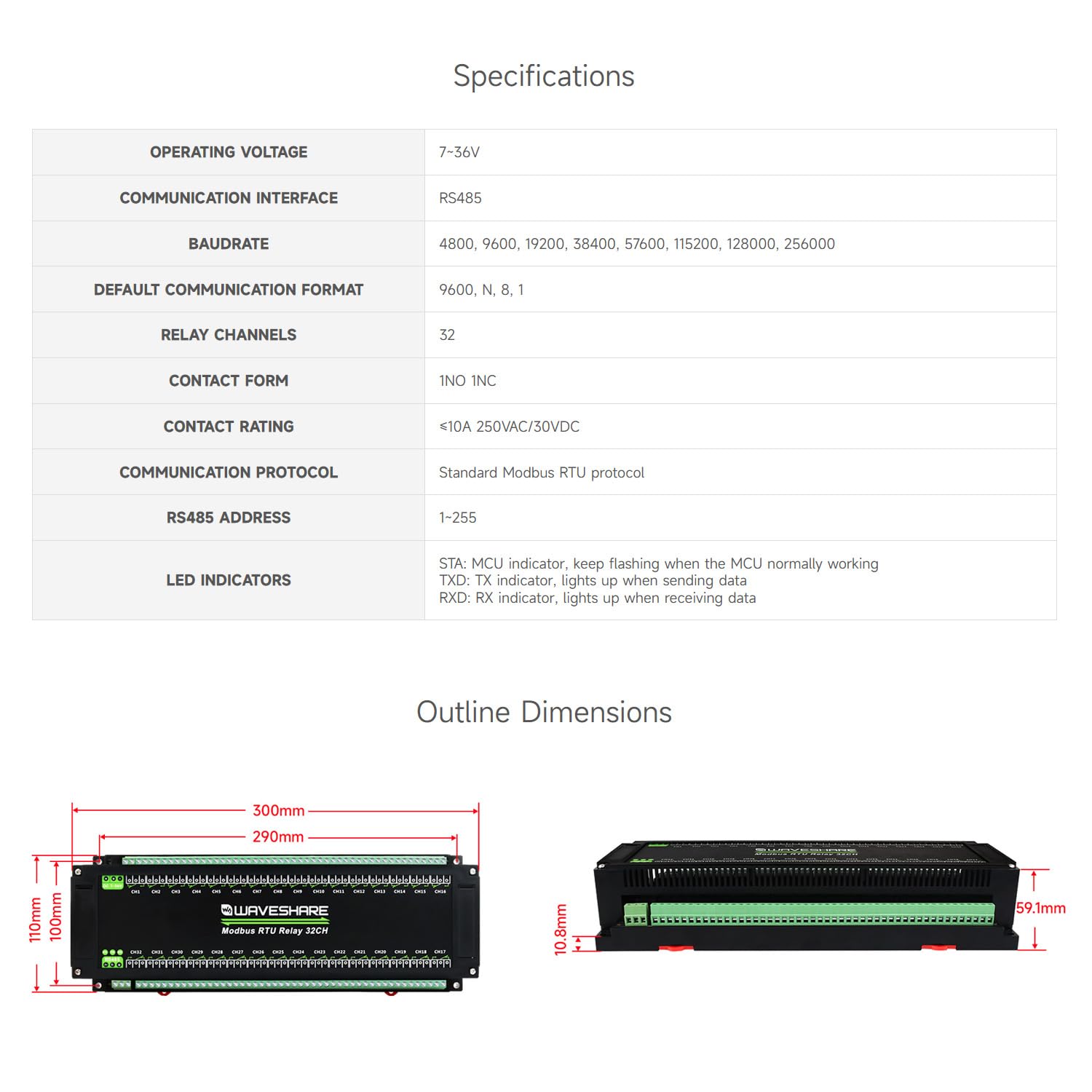 Waveshare Modbus RTU 32-Ch Relay Module, RS485 Interface, with Multiple Isolation Protection Circuits, Industrial-Grade, Rail-Mount Case