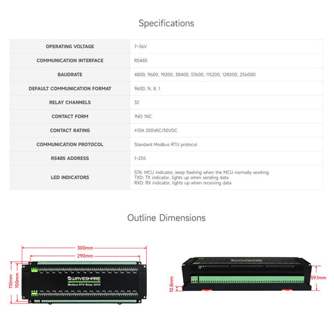 Waveshare Modbus RTU 32-Ch Relay Module, RS485 Interface, with Multiple Isolation Protection Circuits, Industrial-Grade, Rail-Mount Case