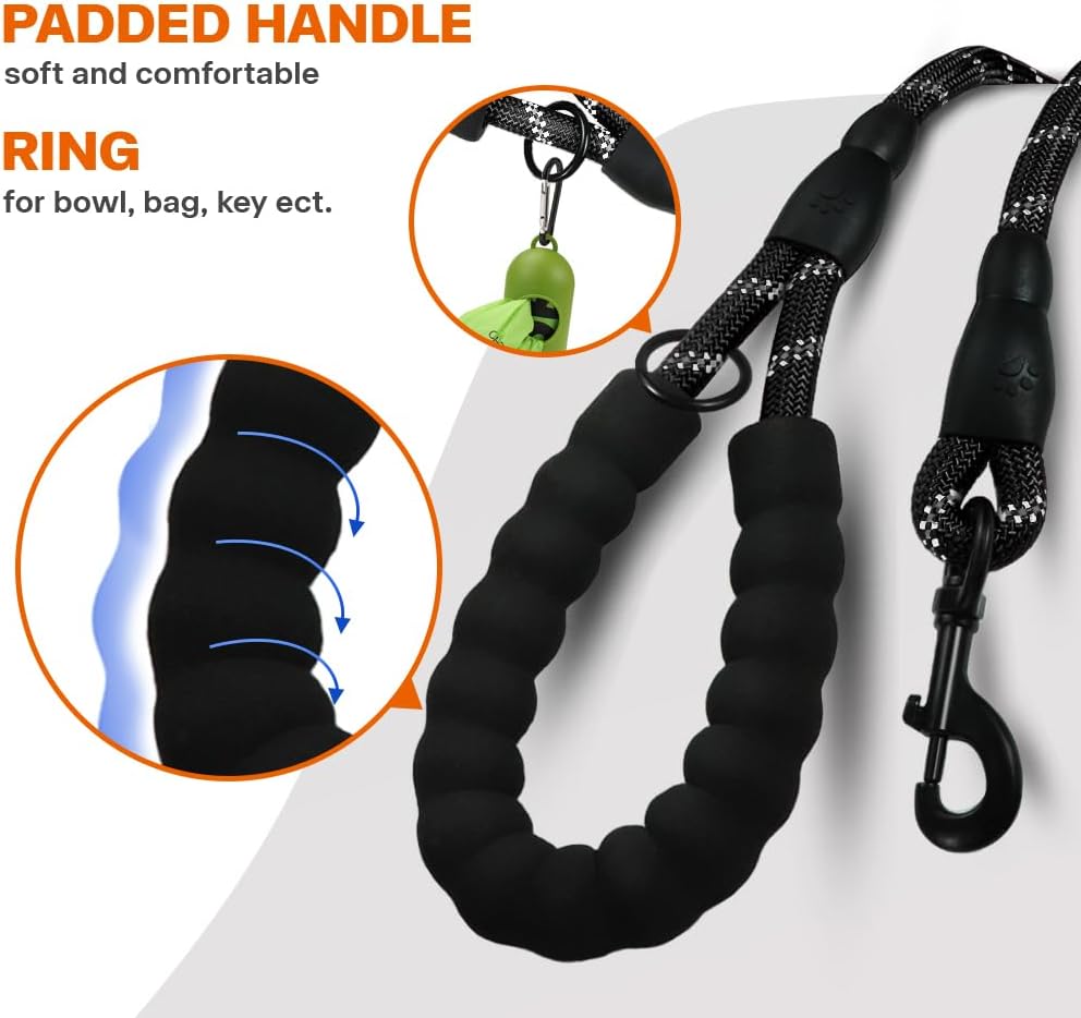 Taglory Rope Dog Leash for Medium Large Dogs, 6 FT Padded Handle, Black